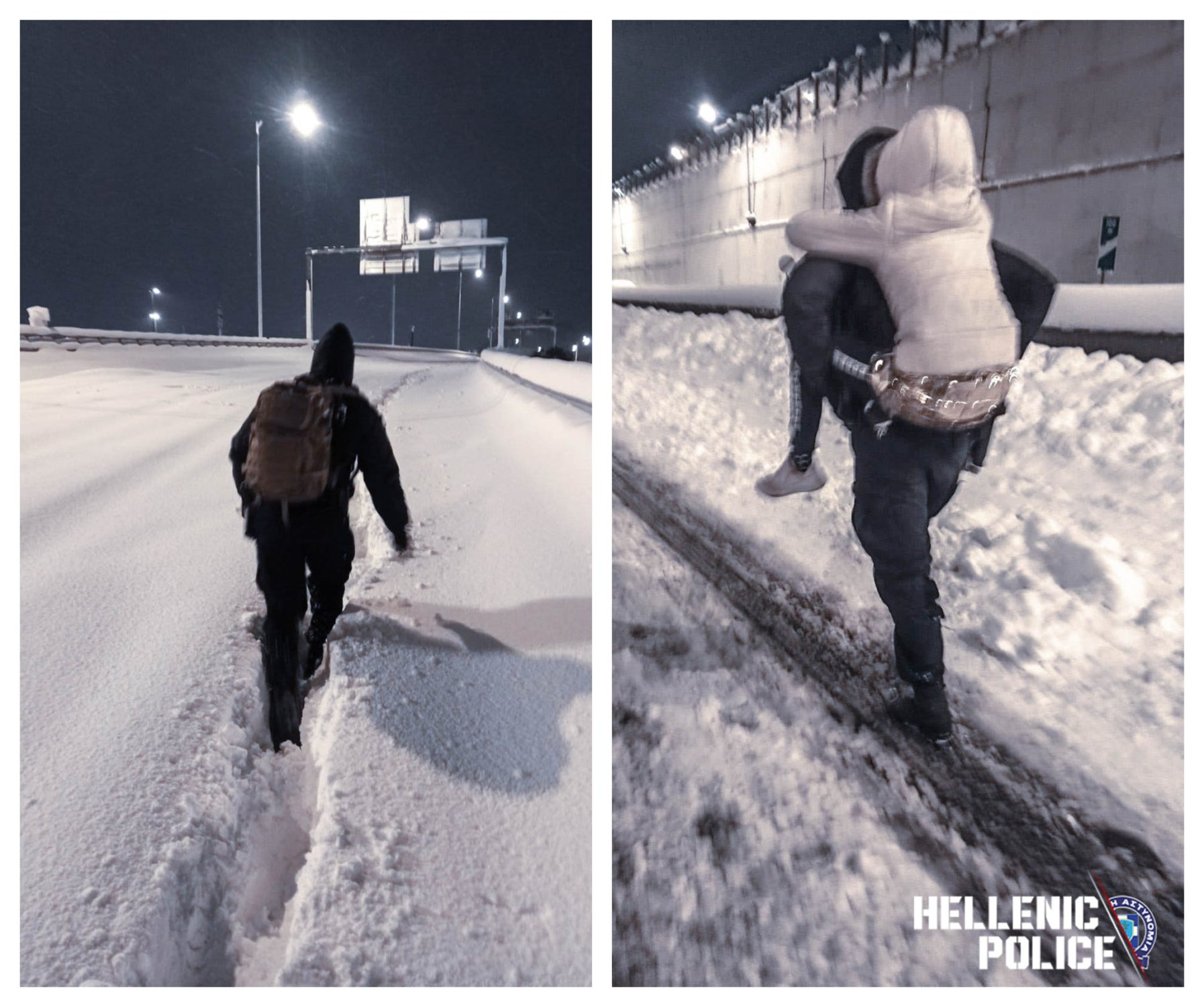 Κακοκαιρία Ελπίς: Αστυνομικός κουβαλάει στην πλάτη του ένα μικρό κορίτσι στη μέση της Αττικής Οδού!