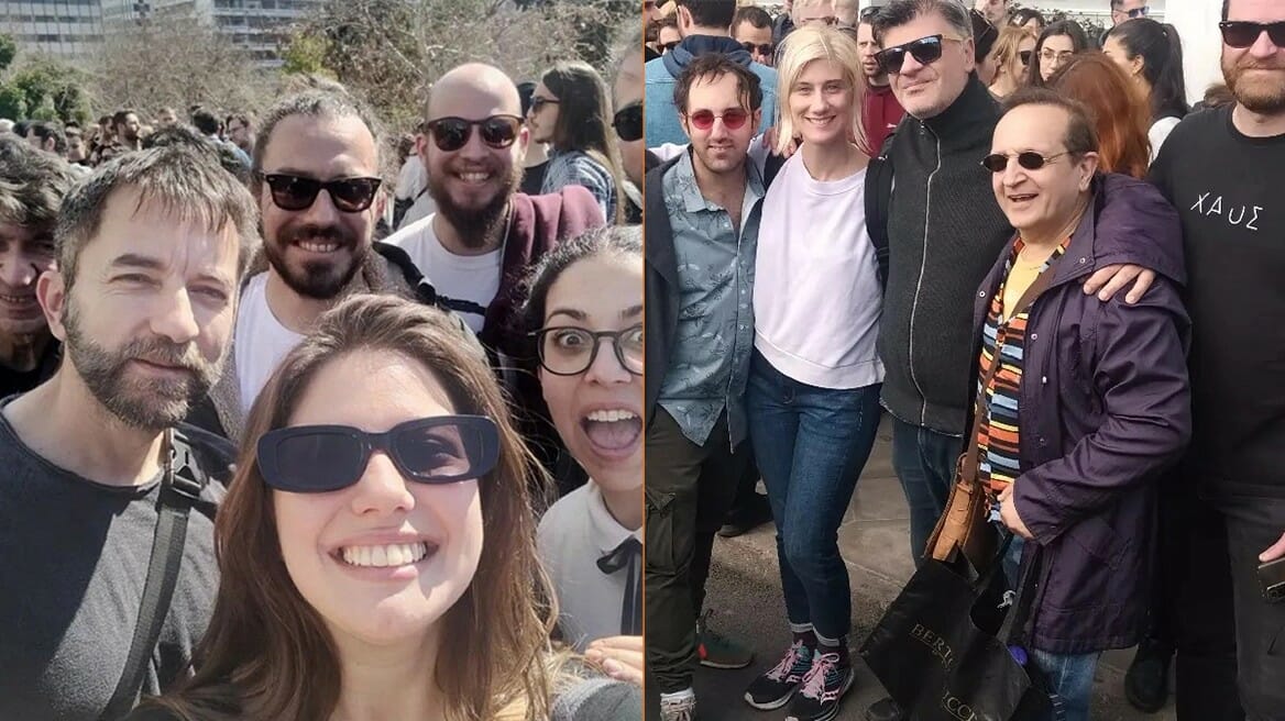 Αντιδράσεις για τις χαμογελαστές φωτογραφίες καλλιτεχνών στην πορεία για τα Τέμπη - Η απάντηση του Μπιμπίλα